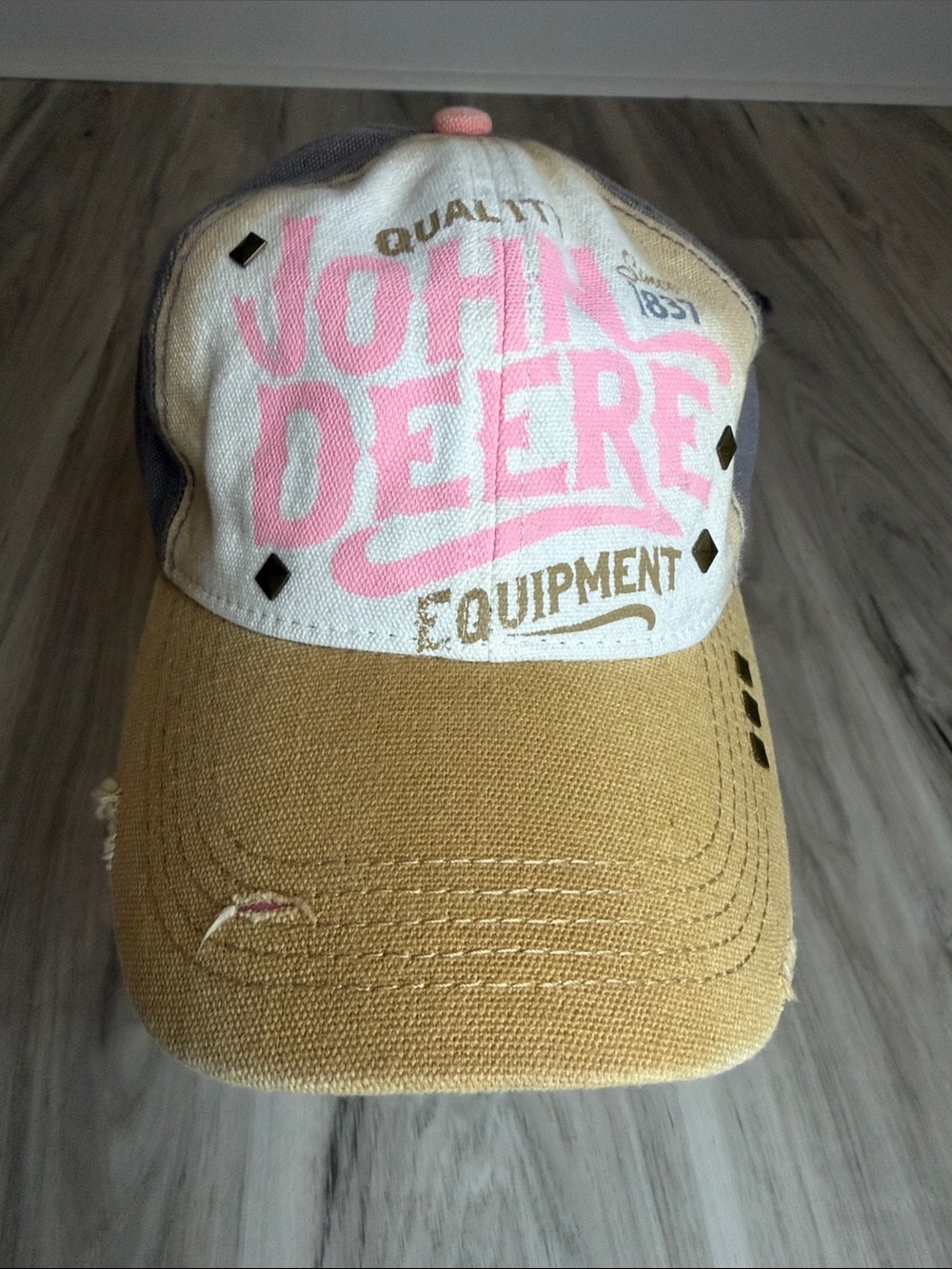 John Deere White Front  wPink Logo and Tan Brim distressed w embellished O/S